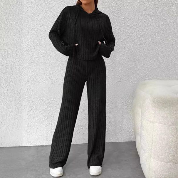 Women's Clothing Autumn And Winter New Casual Knitted Striped Brushed Hooded Sweatshirt Loose Long Sleeved Trousers_ecoleips.com