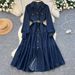 Elegant High-Waisted Denim Dress For Women - Fall A-Line Midi Dress With Belt & Polo Collar_ecoleips.com