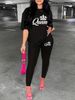 Women's Casual Fashion Queen Letter Pattern Printed Loose T-shirt+cropped Pants Two-piece Home Sportswear Daily Wear-413_ecoleips.com