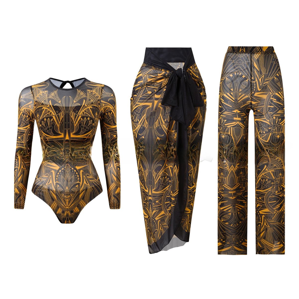 One Piece Swimsuit For Women With Mesh Pants Sun Protective Long Sleeved Three Piece Set Style Vacation Sexy_ecoleips.com