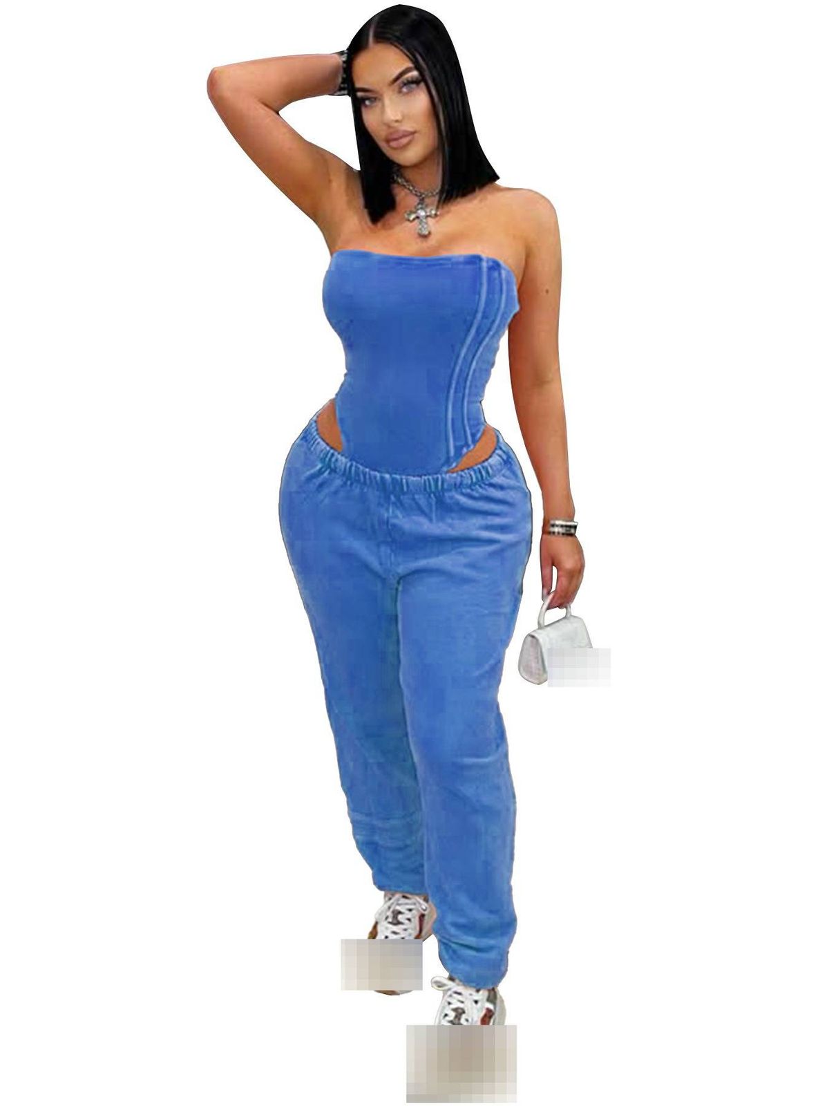 Women's Clothing Slim Fit Jumpsuit Distressed Tube Top Two Piece Set Casual Loose Fitting Wear For Spring/Autumn Summer_ecoleips.com