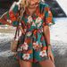 Women's Loose Printed Jumpsuit Neck Belt Short Skirt Pants Ruffled Sleeve Beach Vacation Fashion_ecoleips.com