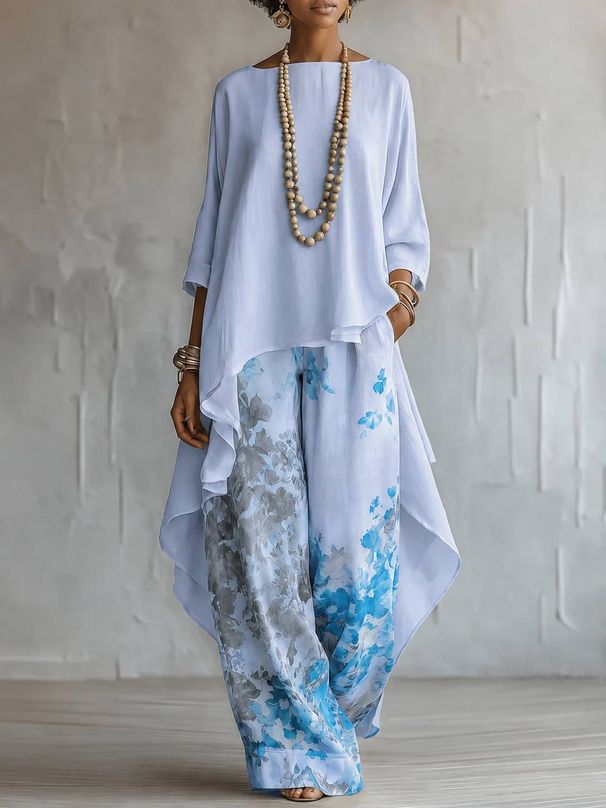 Women's Printed Irregular Loose Pants Two Piece Set Round Neck Top Shorter In Front Longer In Back American Style_ecoleips.com