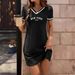 Short-sleeved Dress, Casual Loose, European And American Cross-border Women's Clothing, V-neck With Letter Pr, Q31_ecoleips.com