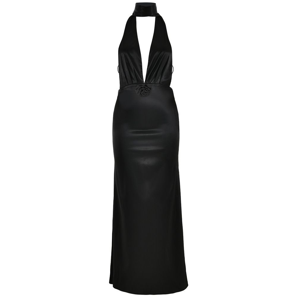 Women Glamorous Floor‑Length Dress With Solid Tone, Deep Plunging V‑Neck, Halter Tie‑Up Straps & Open‑Back Detail_ecoleips.com