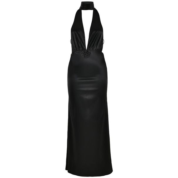 Women Glamorous Floor‑Length Dress With Solid Tone, Deep Plunging V‑Neck, Halter Tie‑Up Straps & Open‑Back Detail_ecoleips.com
