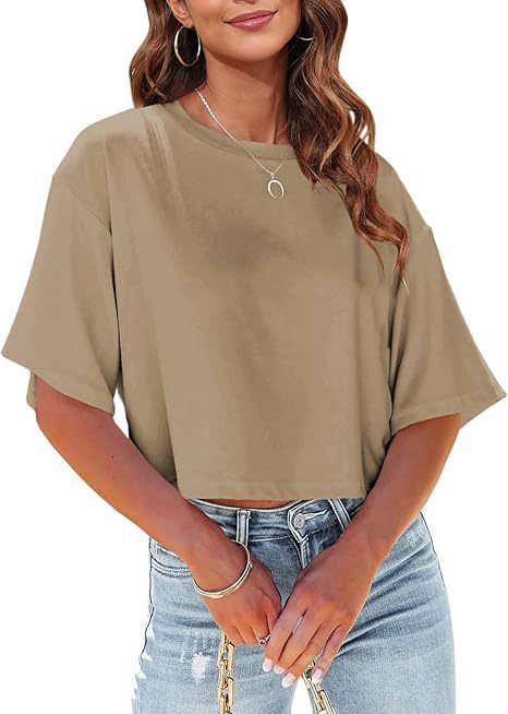 Women's Clothing Loose Short T-Shirt Round Neck Cropped Top Casual Summer Solid Color Basic American Style_ecoleips.com