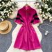 Women's Clothing College Style Striped Short Sleeved Dress Summer With Lapel And Drawstring Waist, Slim Temperament And Petite Mid Length Skirt_ecoleips.com