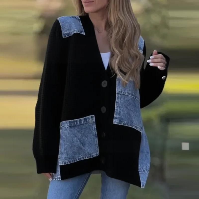 Women's Clothing Fashion Loose Knit Cardigan Sweater Coat With Patchwork Design, Casual Long Sleeve Open Front V-Neck, Comfortable Polyester Blend_ecoleips.com