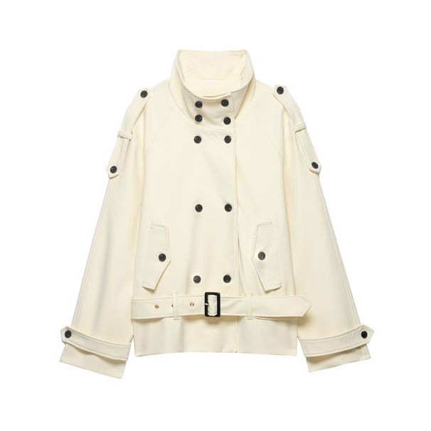 Women's Clothing Women's Stand Up Collar Belted Trench Coat Curved Silhouette Style Outerwear Long Sleeve For Formal & Casual_ecoleips.com