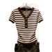 Women's Striped V Neck Short Sleeve Knit Top Slim Fit Button Down Spring Summer Design_ecoleips.com