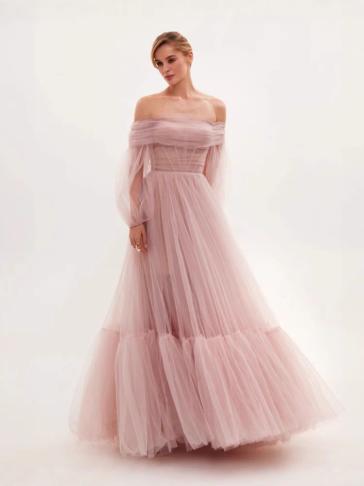 Women's Clothing One Shoulder Mesh Long Sleeved Wedding Dress Tulle Long Skirt_ecoleips.com