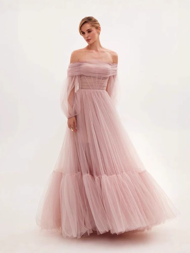Women's Clothing One Shoulder Mesh Long Sleeved Wedding Dress Tulle Long Skirt_ecoleips.com