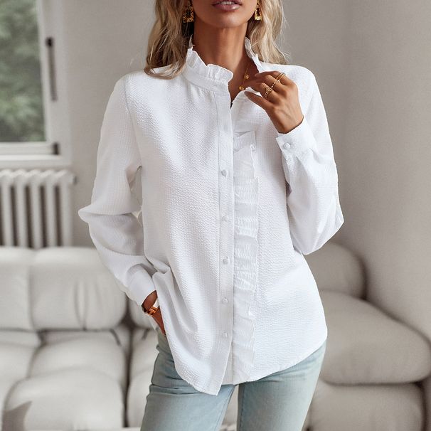 Voya Women's European And American Foreign Trade Long Sleeve Shirt For Women Autumn Winter Stand-up Collar Shirt_ecoleips.com