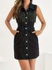 European And American Women's Black Beaded Denim Sleeveless Dress_ecoleips.com