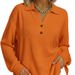 Women's Clothing Fashionable V Neck Button Up Waffle Knit Top Women's Loose Pullover Long Sleeve Solid Color European American Style_ecoleips.com
