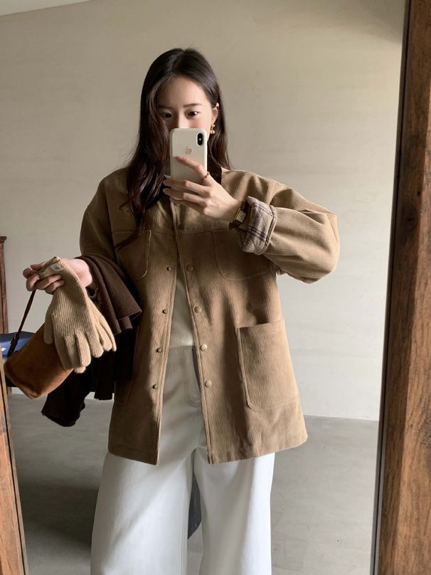 Aria Basics Huang Zheng Retro Color-Block Corduroy Thickened Cotton-Padded For Women Winter Loose Mid-Length Jacket Top 541106_ecoleips.com