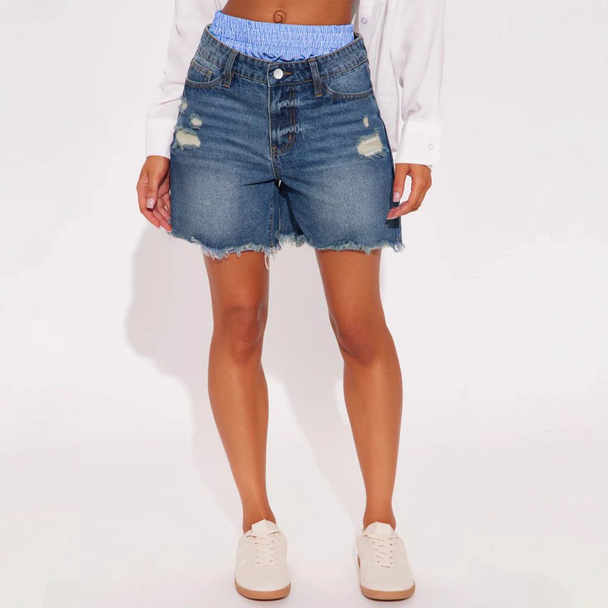 Women's Unique Patchwork Denim Shorts Faux Two Piece Bottoms Ready Stock_ecoleips.com