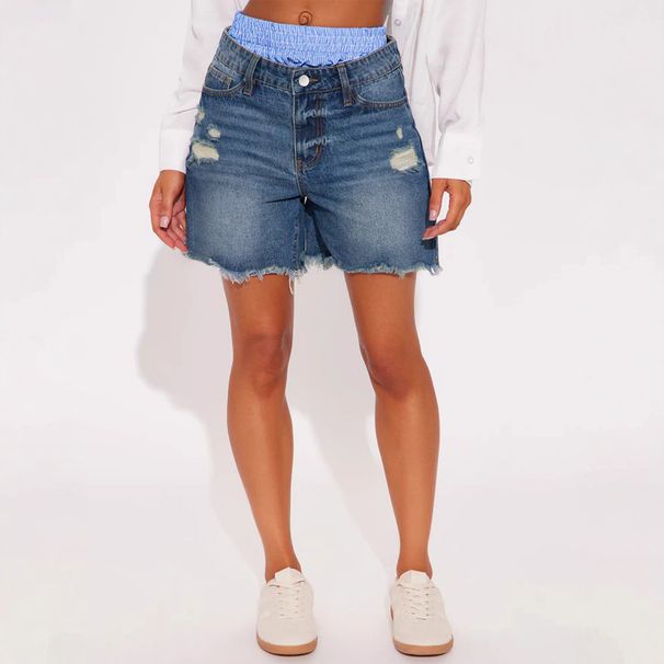 Women's Unique Patchwork Denim Shorts Faux Two Piece Bottoms Ready Stock_ecoleips.com