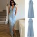 Women's Light Blue Denim Maxi Skirt Button Detail Early Spring Fashion Sexy Dress_ecoleips.com