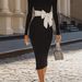 Women's Clothing Long Sleeve V Neck Solid Color Bow Tie Dress Bodycon Maxi Skirt_ecoleips.com