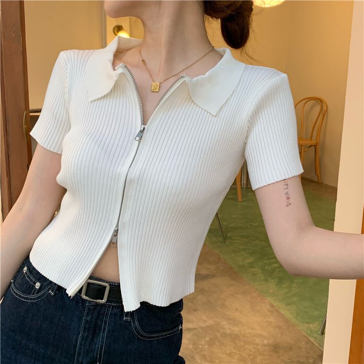 K Double Zipper Thin Short Sleeved Tight Knit Sweater For Women, Slim And Short Cardigan Top_ecoleips.com