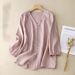 Women's Clothing Real Shot Of Ramie Shirt For Women With Nine Point Sleeves V Neck Puff Sleeve Top_ecoleips.com