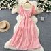 Women's Clothing Hollow Embroidery Square Collar Puff Sleeve Dress Waist Slimming Temperament Holiday Long Dress_ecoleips.com