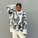 Whimsical Rabbit Jacquard Sweater – Oversized Color-Block Knit Pullover For Women (Autumn/Winter Collection)_ecoleips.com