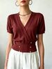 Women Lightweight Breathable Wrap V Neck Knit Top Short Sleeve Gold Button Slim Cropped Knit Blouse_ecoleips.com