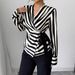 European American Cross-border Foreign Trade Women's Casual Striped Long-sleeve Shirt With V-neck, Slim Fit,_ecoleips.com
