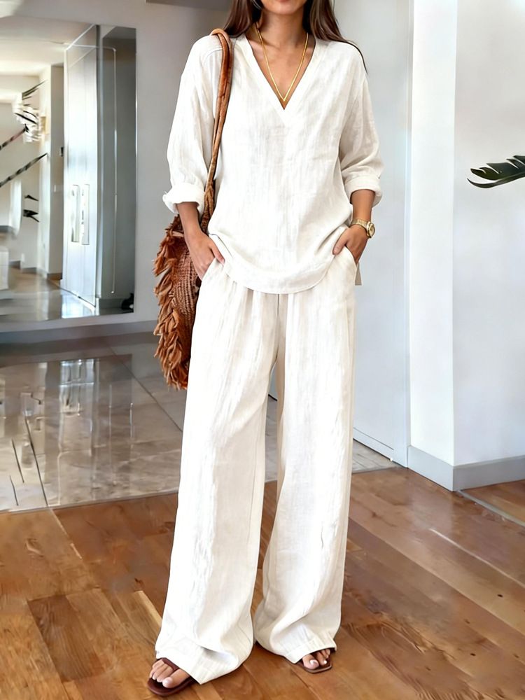 2026 European And American Cross-Border New Women's Clothing Casual V-Neck Pullover Sleeve Long Pants Washed_ecoleips.com