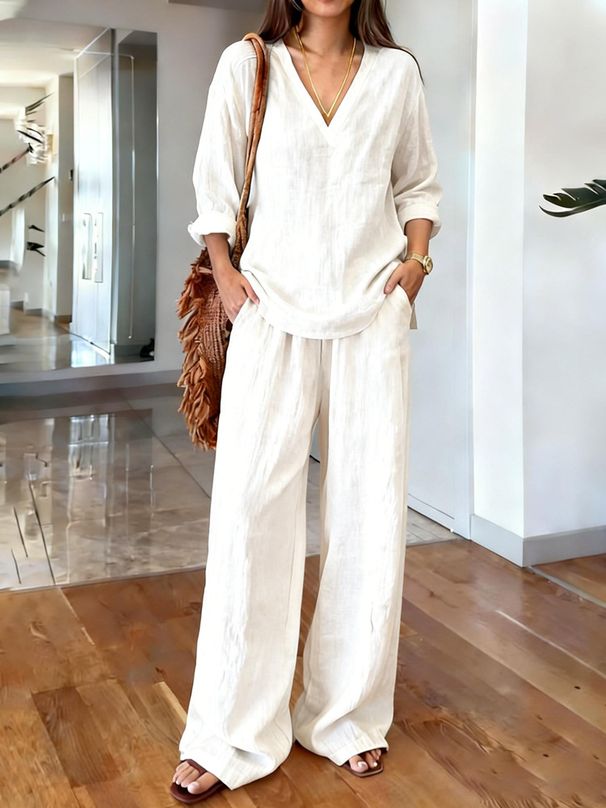 2026 European And American Cross-Border New Women's Clothing Casual V-Neck Pullover Sleeve Long Pants Washed_ecoleips.com