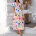 Spring/Summer Casual Bohemia-Style Print Collar Dress With Colorful V-Neck And High-Waisted Short Sleeves_ecoleips.com