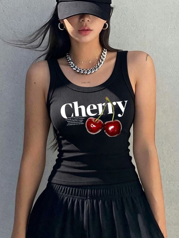 Delicious Cherries Printed Singlet Summer Y2K Women Ribbed Knit Vest Korean O-Neck Soft Cotton Tank Tops Sporty Slim Sleeveless_ecoleips.com
