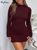 Hugcitar Ribbed O Neck Long Sleeve Elegant Sexy Bodycon Mini Prom Dress Fall Winter Women Y2K Clothes Birthday Party Vacation_ecoleips.com