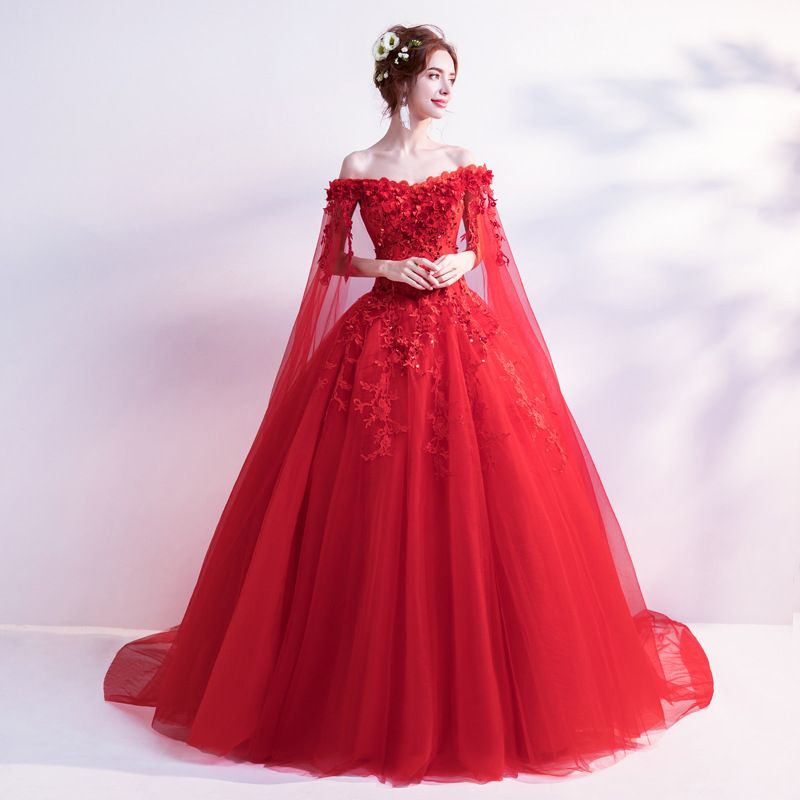 Rose Red With Veil And Long Sleeves 2026 New Bridal Wedding Toast Fairy Evening Dress Wholesale_ecoleips.com