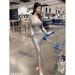 Dongdaemun Women's Long Sleeve T-Shirt Dress V Neck Button up Straight Line Design Spring 2025 Sexy Fashion_ecoleips.com