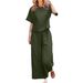 Women's Summer Casual Fashion Loose Solid Color Wide Leg Pants Set Short Sleeve Two Piece Set Covers Tummy_ecoleips.com