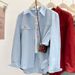 Oversized Denim Shirt Women Casual Long Sleeve Polo Collar Blouse, Flyaway Sleeves, Breathable Cotton Top For Work & Weekend (Blue/White/Red)_ecoleips.com