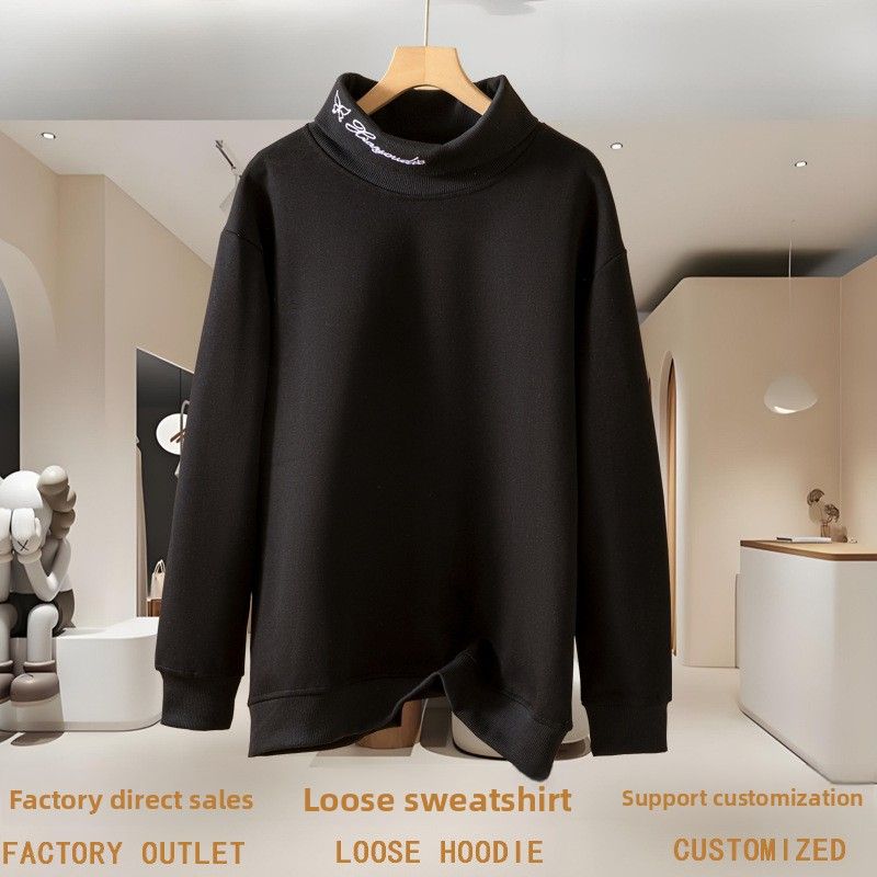 Mid-to-high-end Korean-style Versatile Loose-fitting Solid Color High-neck Long-sleeve Cotton Sweatshirt Women,_ecoleips.com
