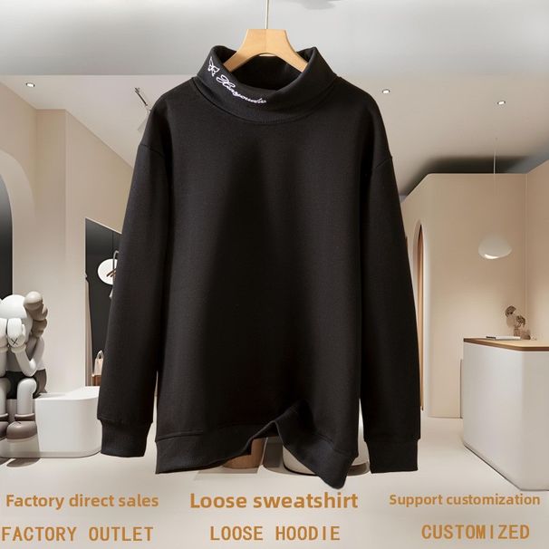 Mid-to-high-end Korean-style Versatile Loose-fitting Solid Color High-neck Long-sleeve Cotton Sweatshirt Women,_ecoleips.com