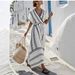 Women's Clothing V Neck Dress Striped Pattern Pleated Sleeves Full Skirt Fashion Summer Vacation_ecoleips.com