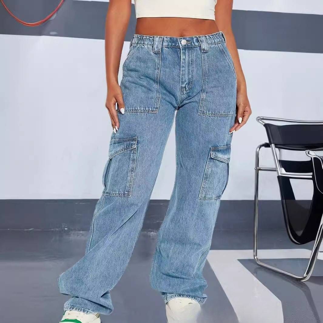 Women’s Clothing large size denim stretch overalls fat girl straight multi pocket pants_ecoleips.com