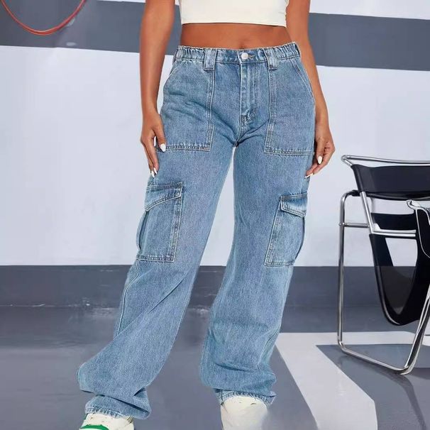 Women’s Clothing large size denim stretch overalls fat girl straight multi pocket pants_ecoleips.com