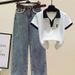Women's Clothing Reducing Belly Covering Short Sleeved T Shirt For Women With High Waisted Denim Wide Leg Pants Two Piece Suit Ins_ecoleips.com