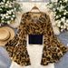Women's Clothing Niche Design V Neck Trumpet Sleeve Printed Waist Versatile Chic Light Luxury Shirt_ecoleips.com