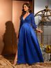 Elegant Navy Blue Satin Evening Gown Sequin-Embellished Split Thigh Formal Dress With V-Neck & Flutter Sleeves For Galas, Cocktail Parties_ecoleips.com