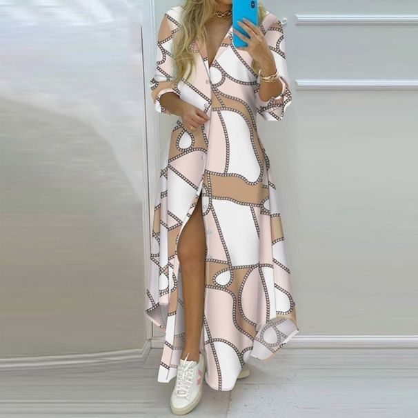 Women's Temperament Printed Shirt Dress Long Skirt Single Breasted Slit Spring Wear_ecoleips.com