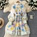 Women's French Retro Print Dress Long Sleeves Lapel Slimming A-Line Skirt Waist Cinching Spring Summer Vacation Style_ecoleips.com